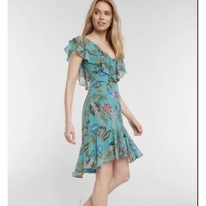 WAYF Chelsea Ruffle High/low Dress‎ Teal Tropical Sz M Garden Fairycore Feminine